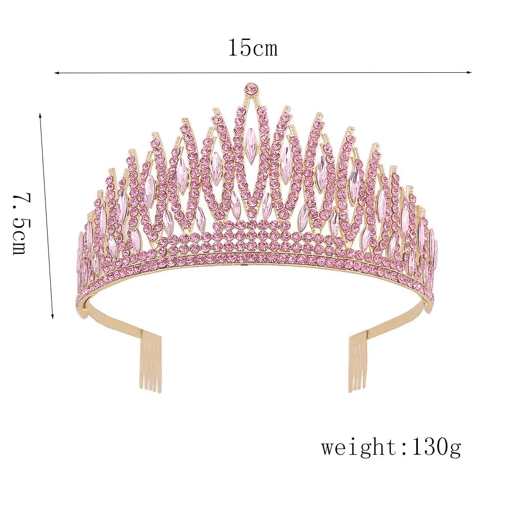 Baroque Sparkling Pink Crystal Bridal Tiaras Gold Color Rhinestone Pageant Crowns With Combs Headbands Wedding Hair Accessories DSERS