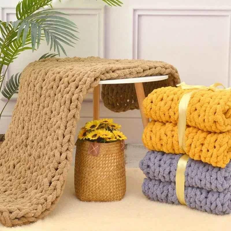 Hand Chunky Knitted Blanket Handmade Coarse Wool Woven Blanket Chenille Thick Blanket Sofa Blanket Photography Prop Blanket by DSERS