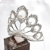 Luxury Miss Universe Crown Round Wedding Crystal Pearl Crowns Peacock Feather Tiaras Rhinestone Pageant Diadem CZ Coroa Novia - GiFTiFY