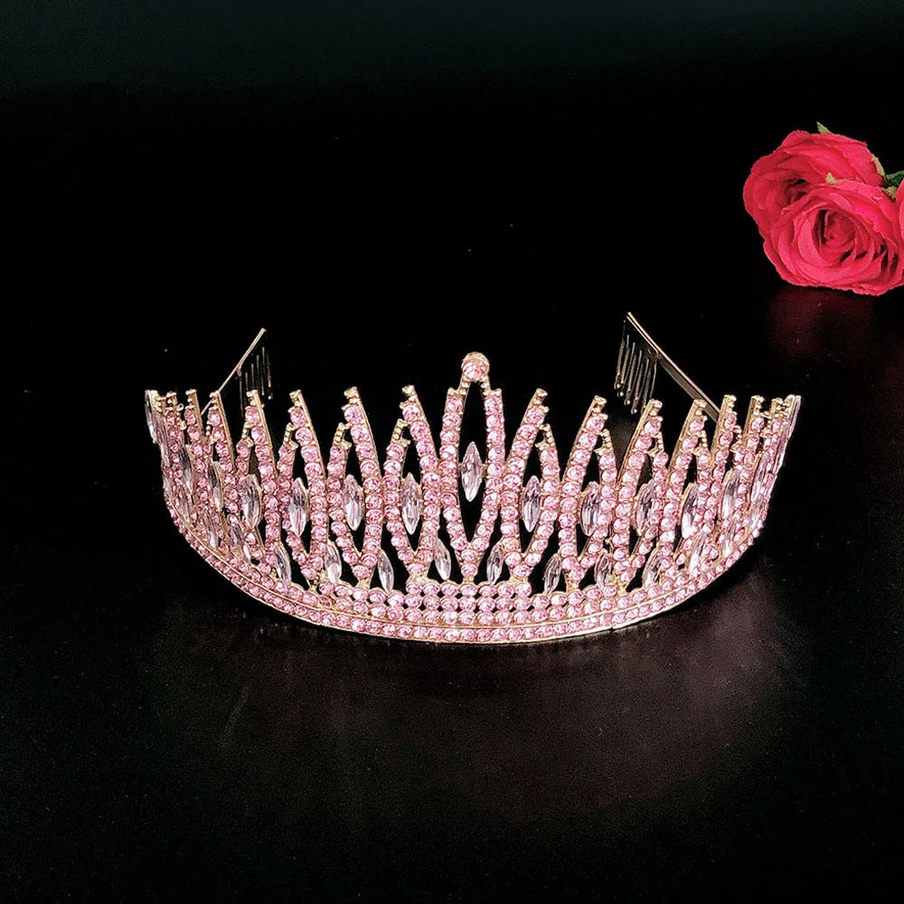 Baroque Sparkling Pink Crystal Bridal Tiaras Gold Color Rhinestone Pageant Crowns With Combs Headbands Wedding Hair Accessories DSERS