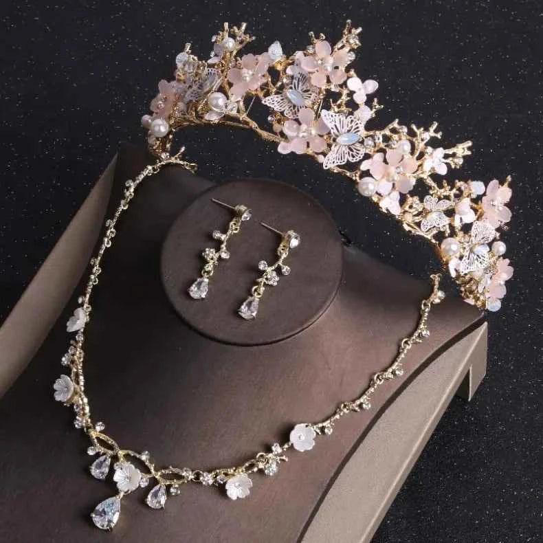 Baroque Gold Color Butterfly Crystal Costume Jewelry Sets Rhinestone Choker Necklace Earrings Tiaras Crown Wedding Jewelry Set by George Black