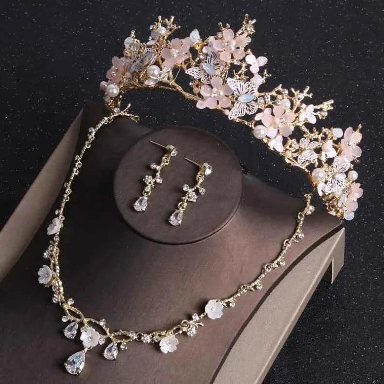 Baroque Gold Color Butterfly Crystal Costume Jewelry Sets Rhinestone Choker Necklace Earrings Tiaras Crown Wedding Jewelry Set by George Black