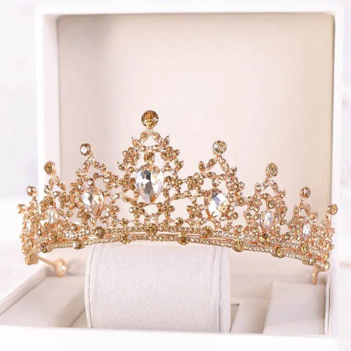 Baroque Gold Color Champagne Crystal Heart Bridal Tiara Crown Rhinestone Pageant Diadem Veil Tiara Headband Wedding Hair Jewelry - GiFTiFY