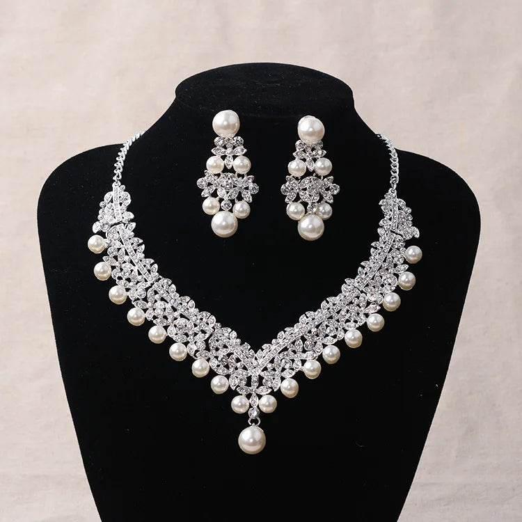 Magnificent Pearl Wedding Bridal Jewelry Sets Women Bride Wedding Party Jewelry Accessories Crystal Tiara Crown Earring Necklace - GiFTiFY