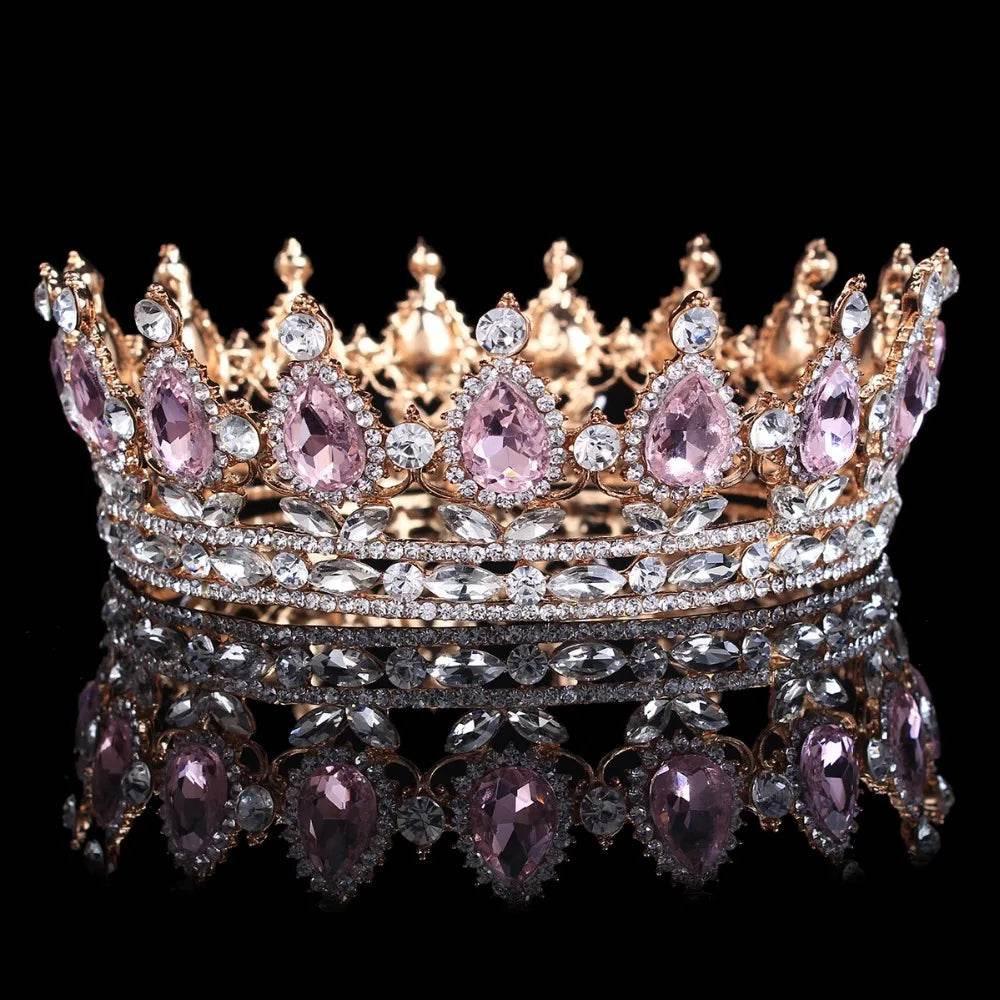 Luxury Retro Gold Color Pink Crystal Round Bridal Crown Classic Baroque Rhinestone Diadem Tiaras Women Wedding Hair Accessories Tiaras by DSERS