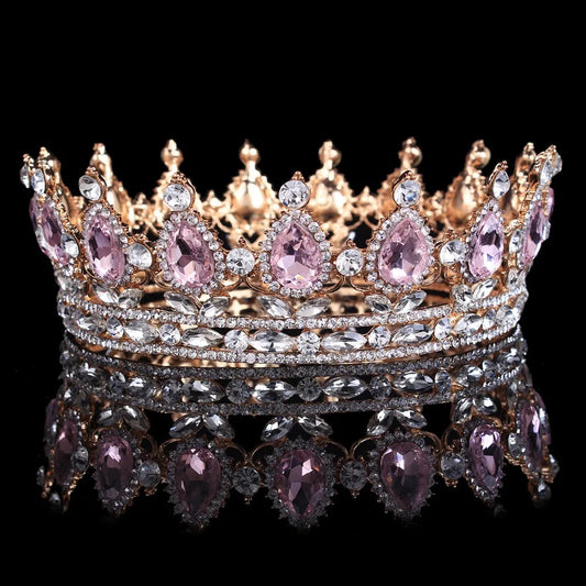 Luxury Retro Gold Color Pink Crystal Round Bridal Crown Classic Baroque Rhinestone Diadem Tiaras Women Wedding Hair Accessories GiFTiFY