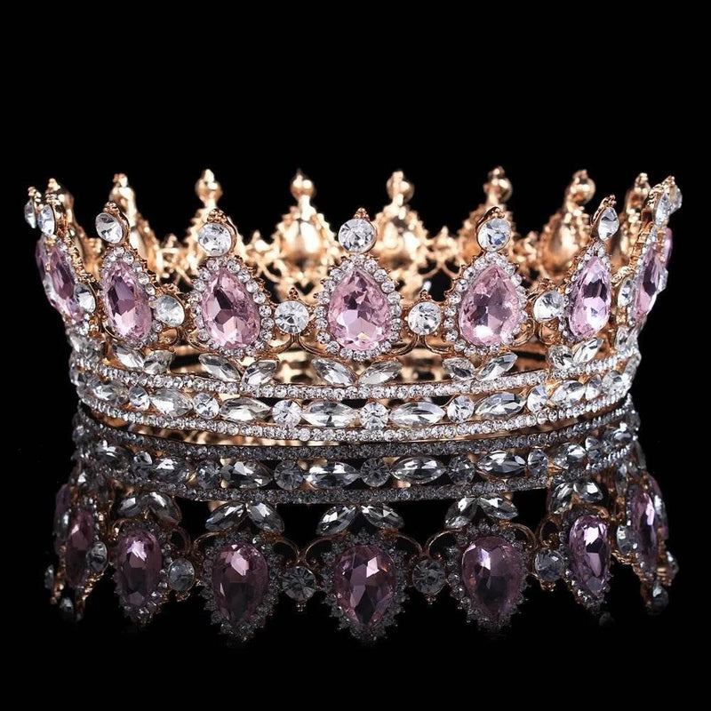 Luxury Retro Gold Color Pink Crystal Round Bridal Crown Classic Baroque Rhinestone Diadem Tiaras Women Wedding Hair Accessories Tiaras by DSERS