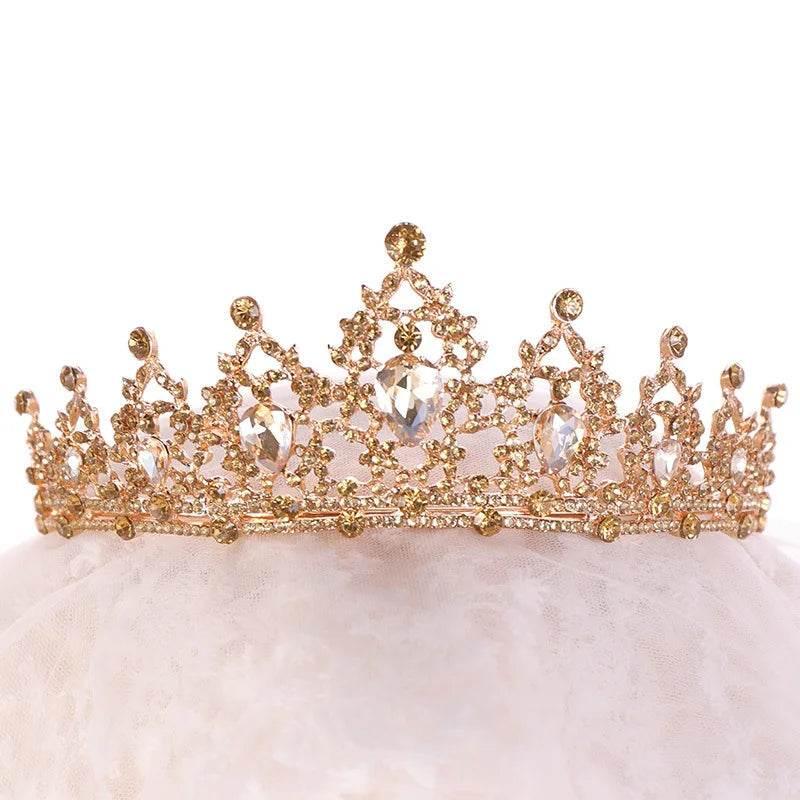 Baroque Gold Color Champagne Crystal Heart Bridal Tiara Crown Rhinestone Pageant Diadem Veil Tiara Headband Wedding Hair Jewelry Tiaras by DSERS
