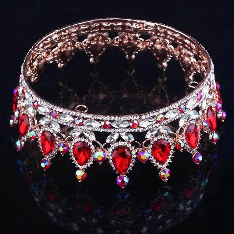 Luxury Retro Gold Color Pink Crystal Round Bridal Crown Classic Baroque Rhinestone Diadem Tiaras Women Wedding Hair Accessories Tiaras by DSERS