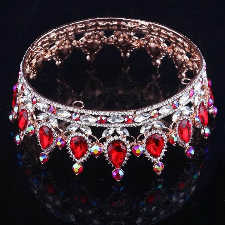 Luxury Retro Gold Color Pink Crystal Round Bridal Crown Classic Baroque Rhinestone Diadem Tiaras Women Wedding Hair Accessories - GiFTiFY