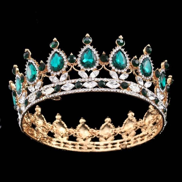 Luxury Retro Gold Color Pink Crystal Round Bridal Crown Classic Baroque Rhinestone Diadem Tiaras Women Wedding Hair Accessories Tiaras by DSERS