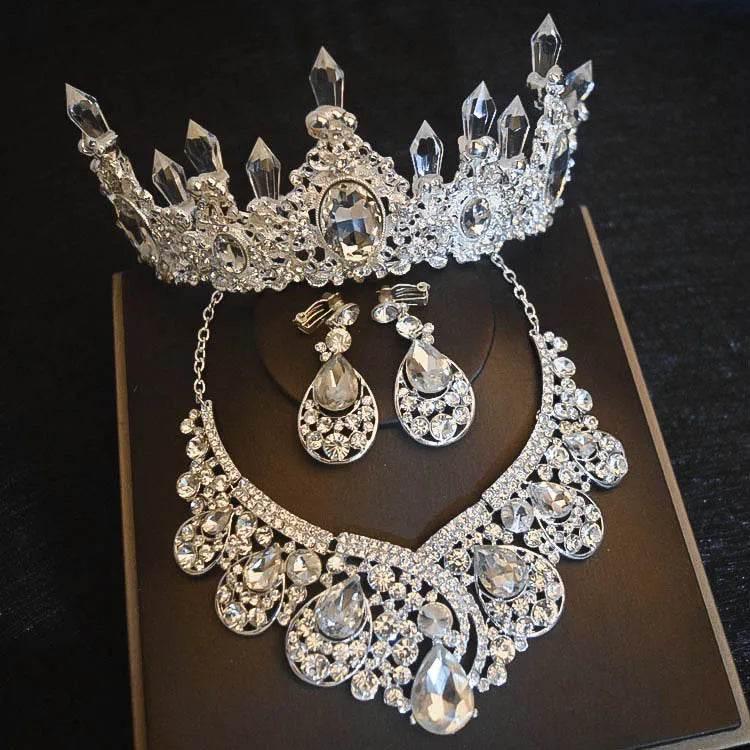 Luxury Big Rhinestone Bridal Jewelry Sets Silver Plated Crystal Crown Tiaras Choker Necklace Earrings Sets Wedding Accessories Tiaras by DSERS