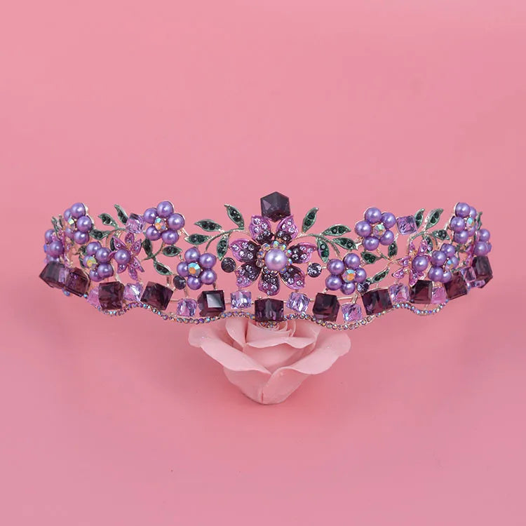 Luxury Baroque Purple Crystal Pearl Bridal Crown Tiara Magnificent Rhinestone Diadem for Bride Headband Wedding Hair Accessories DSERS