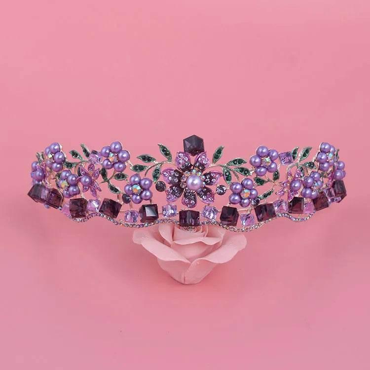 Luxury Baroque Purple Crystal Pearl Bridal Crown Tiara Magnificent Rhinestone Diadem for Bride Headband Wedding Hair Accessories - GiFTiFY