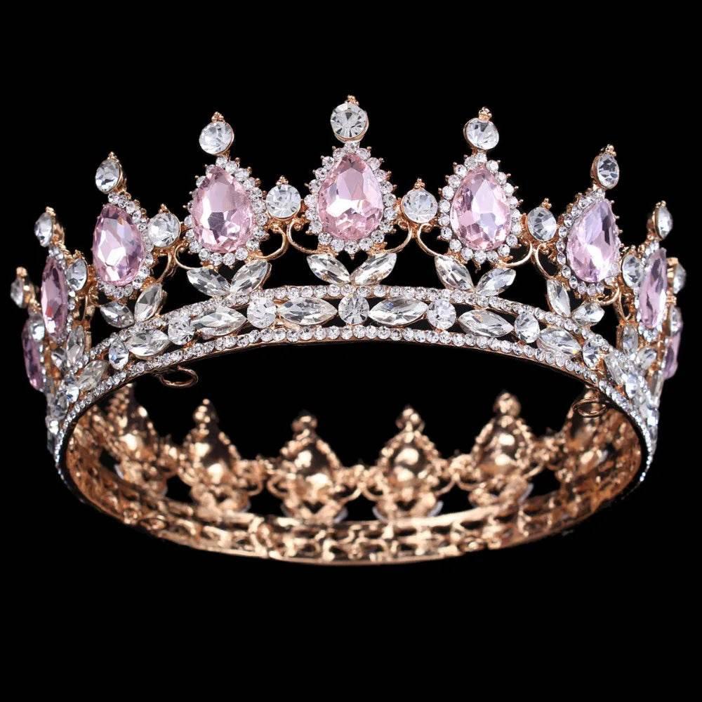 Luxury Retro Gold Color Pink Crystal Round Bridal Crown Classic Baroque Rhinestone Diadem Tiaras Women Wedding Hair Accessories Tiaras by DSERS