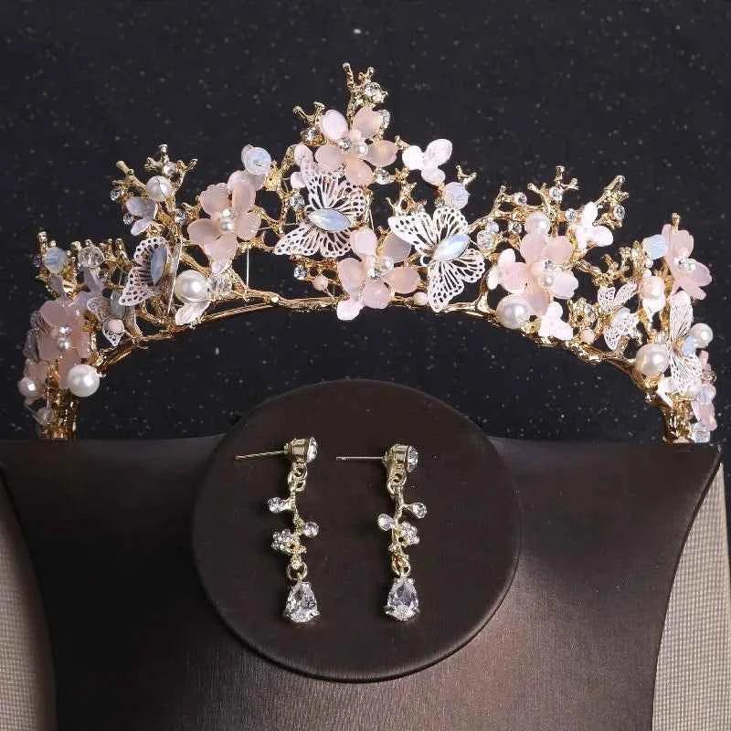 Baroque Gold Color Butterfly Crystal Costume Jewelry Sets Rhinestone Choker Necklace Earrings Tiaras Crown Wedding Jewelry Set by George Black