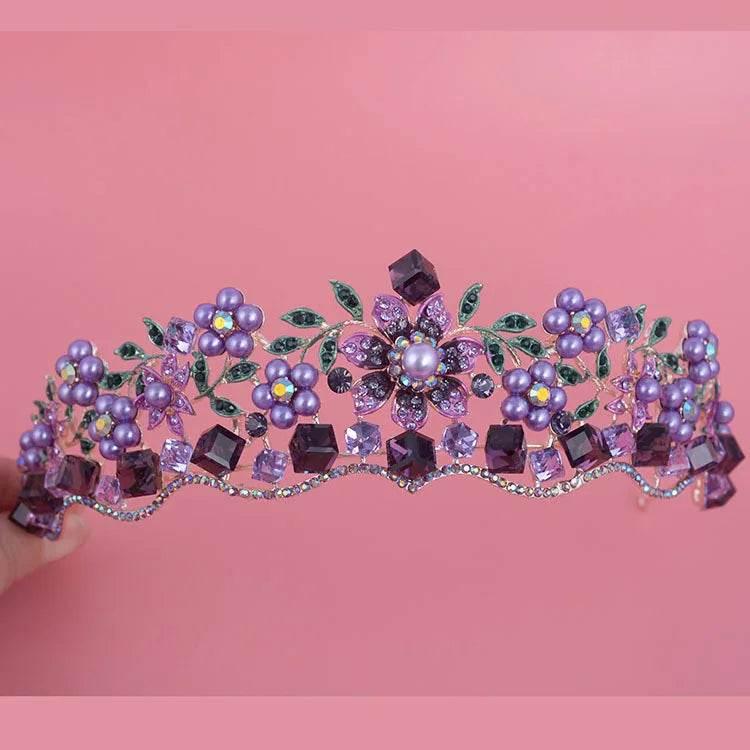 Luxury Baroque Purple Crystal Pearl Bridal Crown Tiara Magnificent Rhinestone Diadem for Bride Headband Wedding Hair Accessories - GiFTiFY