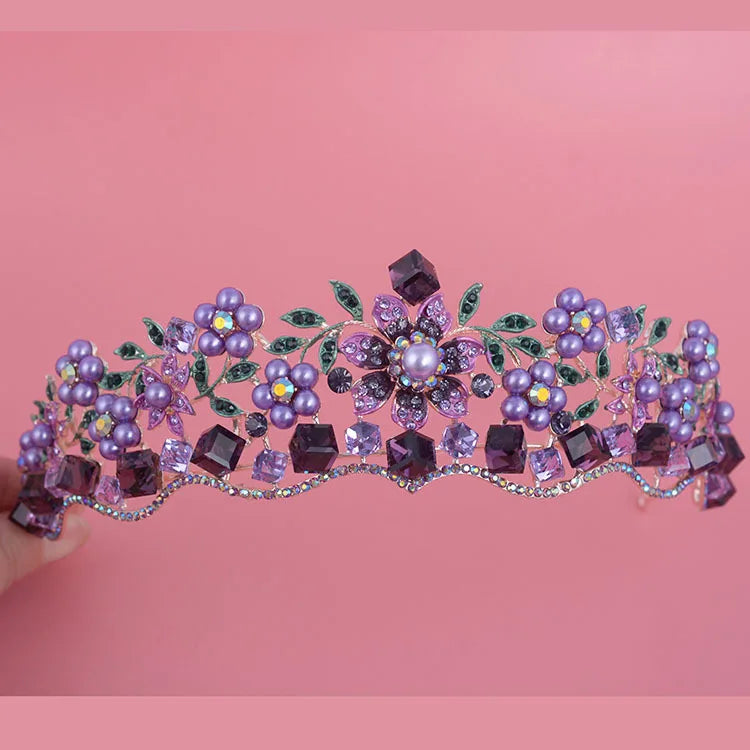 Luxury Baroque Purple Crystal Pearl Bridal Crown Tiara Magnificent Rhinestone Diadem for Bride Headband Wedding Hair Accessories DSERS