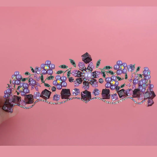 Luxury Baroque Purple Crystal Pearl Bridal Crown Tiara Magnificent Rhinestone Diadem for Bride Headband Wedding Hair Accessories DSERS