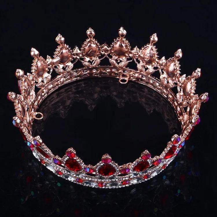 Luxury Retro Gold Color Pink Crystal Round Bridal Crown Classic Baroque Rhinestone Diadem Tiaras Women Wedding Hair Accessories Tiaras by DSERS
