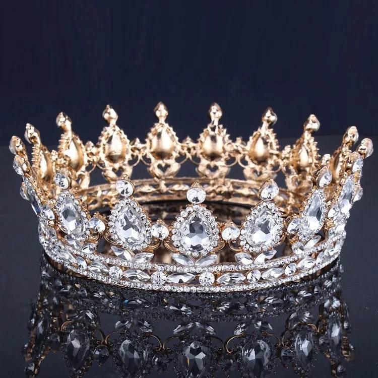 Luxury Retro Gold Color Pink Crystal Round Bridal Crown Classic Baroque Rhinestone Diadem Tiaras Women Wedding Hair Accessories Tiaras by DSERS