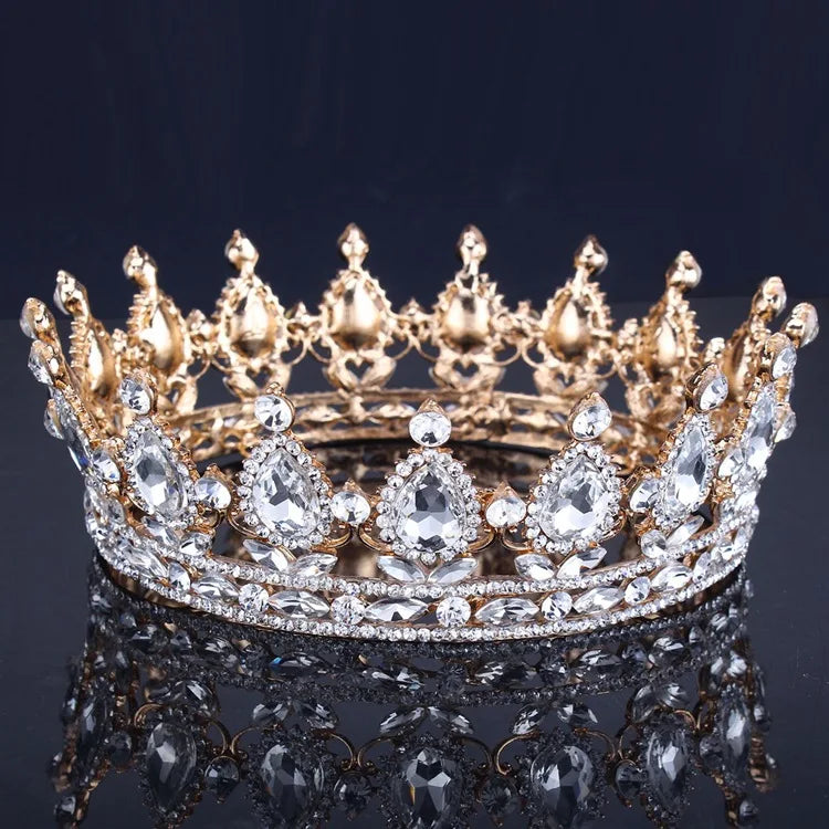 Luxury Retro Gold Color Pink Crystal Round Bridal Crown Classic Baroque Rhinestone Diadem Tiaras Women Wedding Hair Accessories GiFTiFY