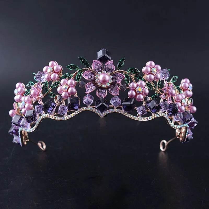 Luxury Baroque Purple Crystal Pearl Bridal Crown Tiara Magnificent Rhinestone Diadem for Bride Headband Wedding Hair Accessories - GiFTiFY