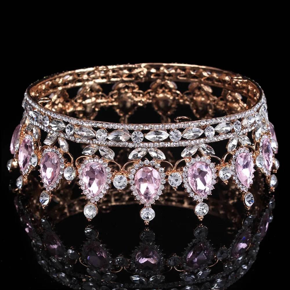 Luxury Retro Gold Color Pink Crystal Round Bridal Crown Classic Baroque Rhinestone Diadem Tiaras Women Wedding Hair Accessories Tiaras by DSERS