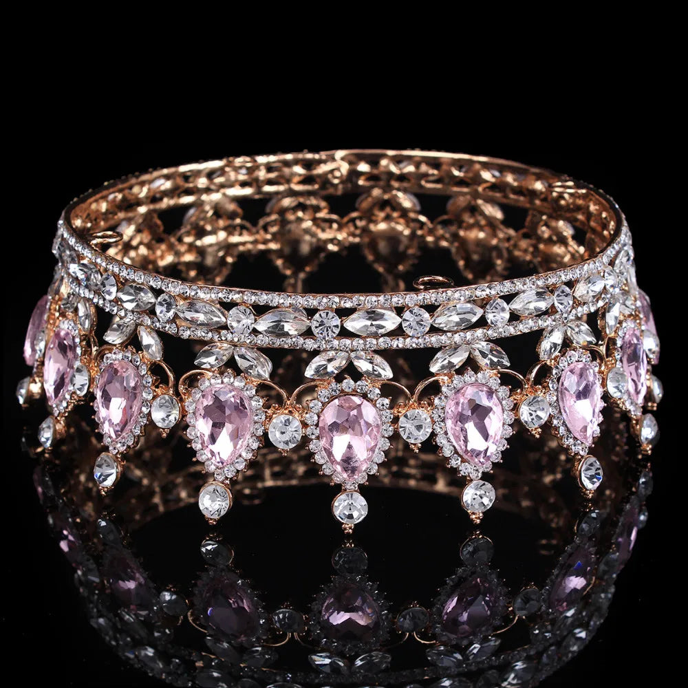 Luxury Retro Gold Color Pink Crystal Round Bridal Crown Classic Baroque Rhinestone Diadem Tiaras Women Wedding Hair Accessories GiFTiFY