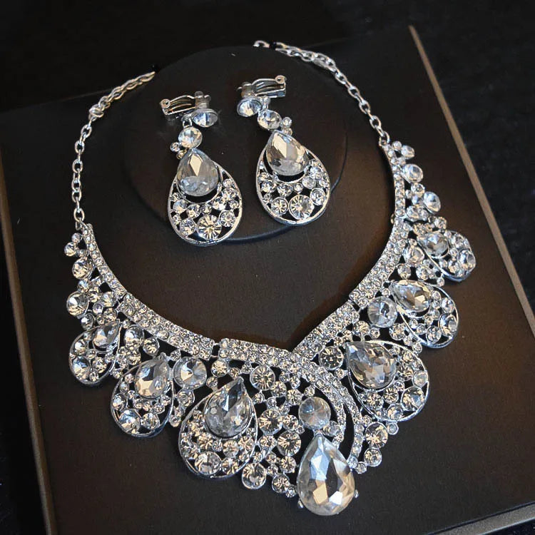 Luxury Big Rhinestone Bridal Jewelry Sets Silver Plated Crystal Crown Tiaras Choker Necklace Earrings Sets Wedding Accessories GiFTiFY