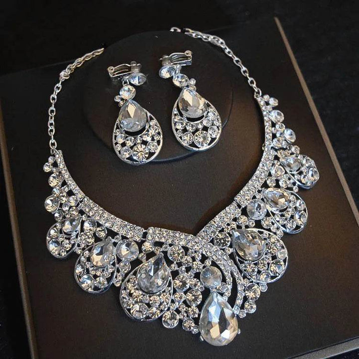 Luxury Big Rhinestone Bridal Jewelry Sets Silver Plated Crystal Crown Tiaras Choker Necklace Earrings Sets Wedding Accessories - GiFTiFY
