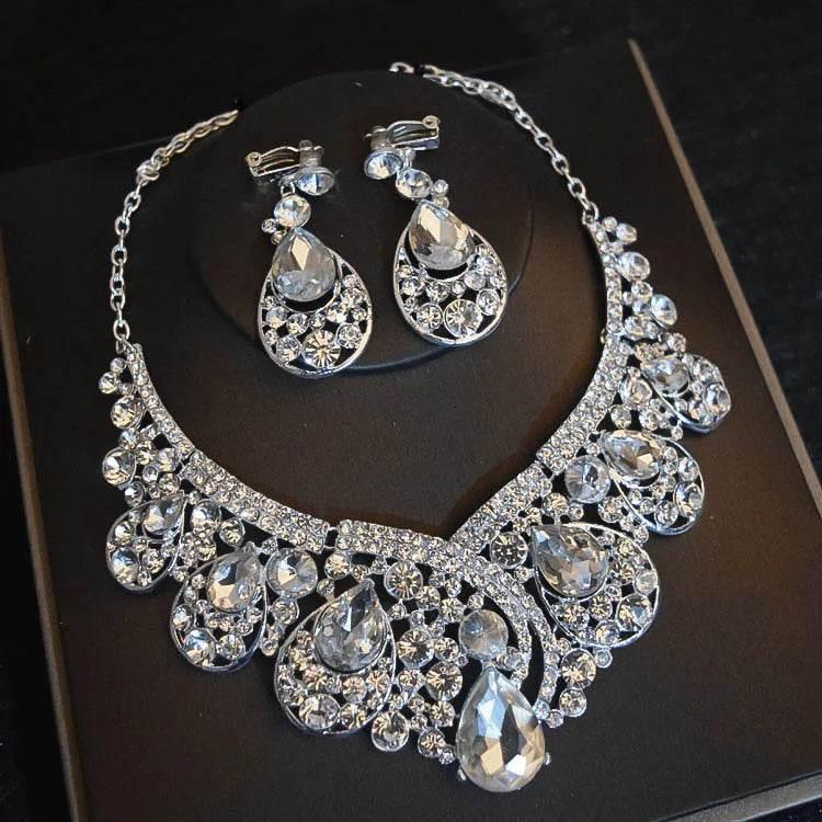 Luxury Big Rhinestone Bridal Jewelry Sets Silver Plated Crystal Crown Tiaras Choker Necklace Earrings Sets Wedding Accessories - GiFTiFY