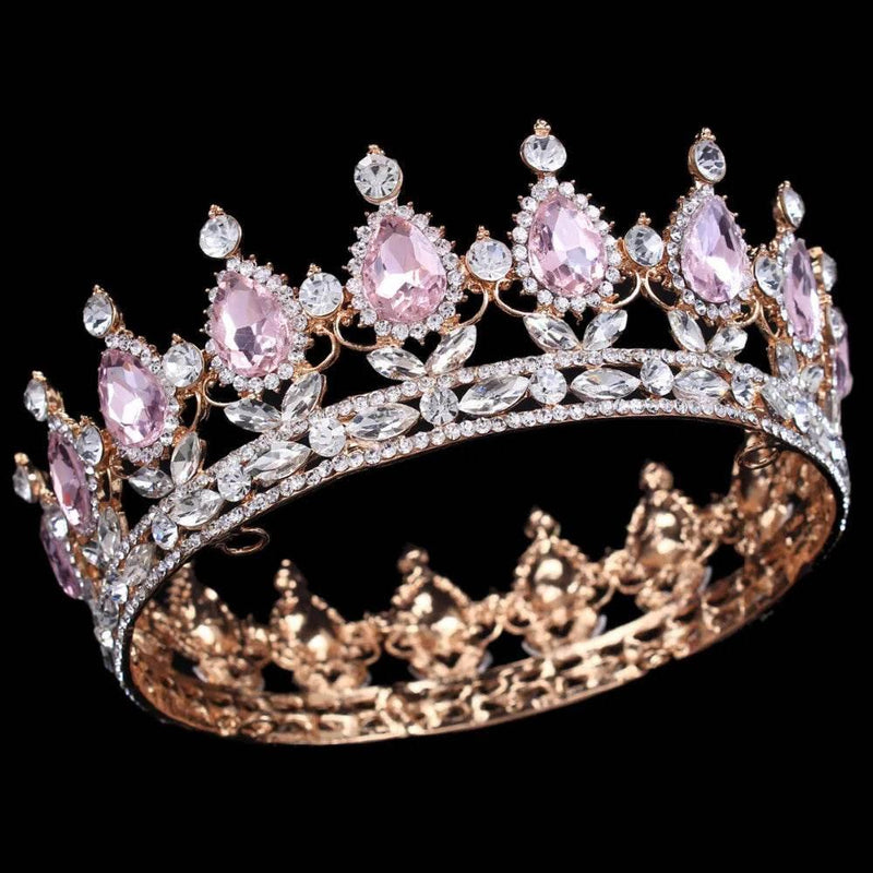 Luxury Retro Gold Color Pink Crystal Round Bridal Crown Classic Baroque Rhinestone Diadem Tiaras Women Wedding Hair Accessories Tiaras by DSERS
