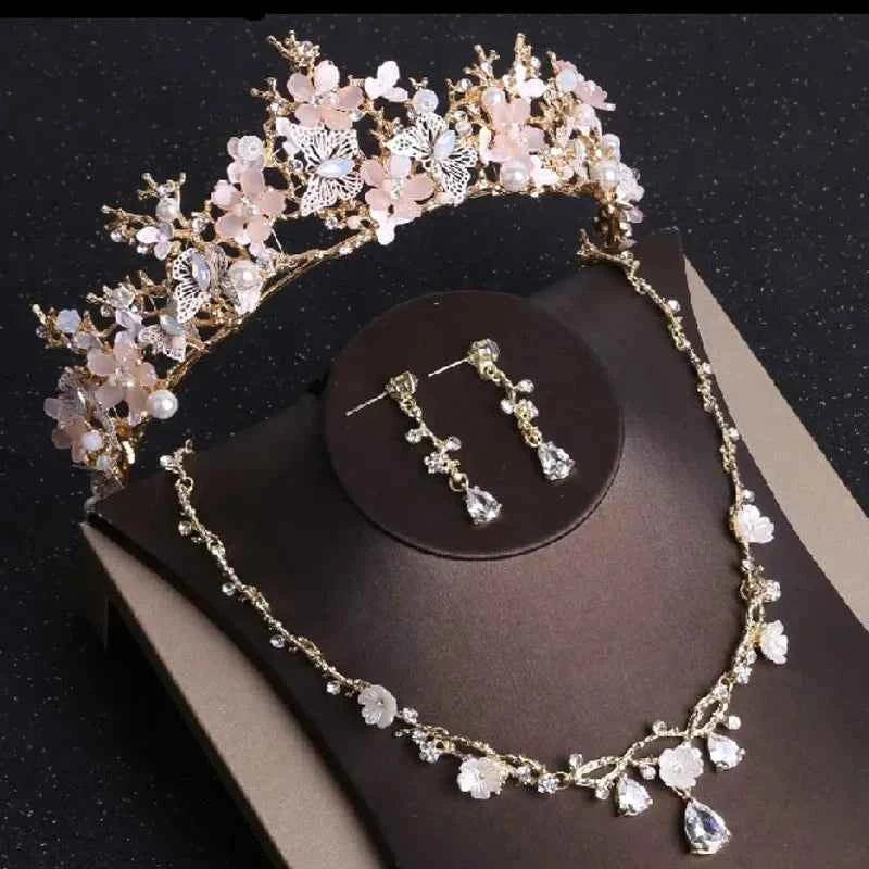 Baroque Gold Color Butterfly Crystal Costume Jewelry Sets Rhinestone Choker Necklace Earrings Tiaras Crown Wedding Jewelry Set by George Black
