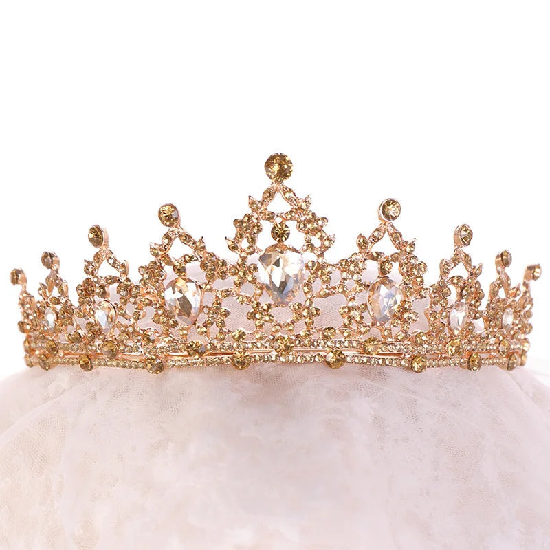 Baroque Gold Color Champagne Crystal Heart Bridal Tiara Crown Rhinestone Pageant Diadem Veil Tiara Headband Wedding Hair Jewelry GiFTiFY
