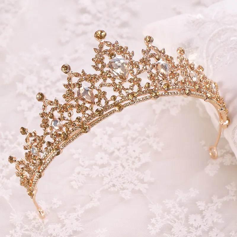 Baroque Gold Color Champagne Crystal Heart Bridal Tiara Crown Rhinestone Pageant Diadem Veil Tiara Headband Wedding Hair Jewelry - GiFTiFY