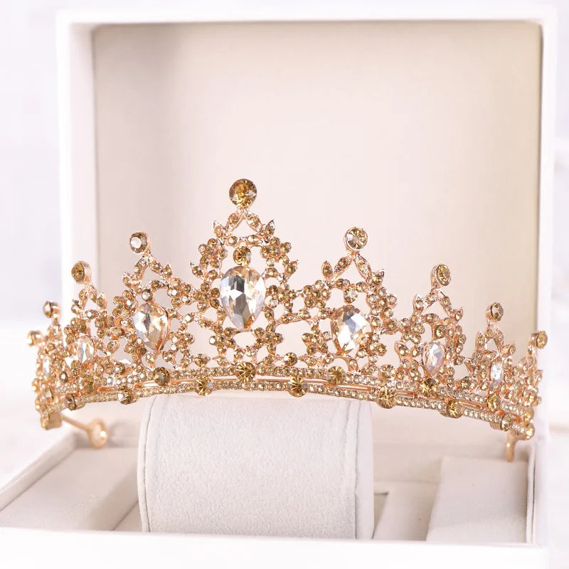 Baroque Gold Color Champagne Crystal Heart Bridal Tiara Crown Rhinestone Pageant Diadem Veil Tiara Headband Wedding Hair Jewelry GiFTiFY