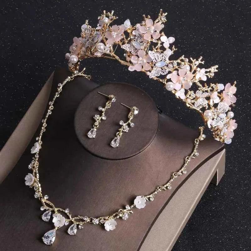 Baroque Gold Color Butterfly Crystal Costume Jewelry Sets Rhinestone Choker Necklace Earrings Tiaras Crown Wedding Jewelry Set by George Black