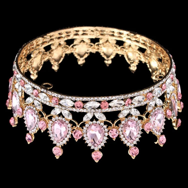 Luxury Retro Gold Color Pink Crystal Round Bridal Crown Classic Baroque Rhinestone Diadem Tiaras Women Wedding Hair Accessories GiFTiFY