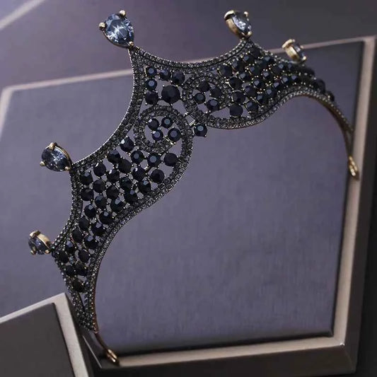 Vintage Black Crystal Beads Bridal Tiaras Crown Rhinestone Diadem Pageant Baroque Crowns Bride Hairband Wedding Hair Accessories
