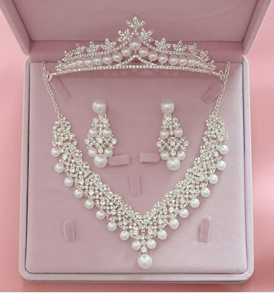Magnificent Pearl Wedding Bridal Jewelry Sets Women Bride Wedding Party Jewelry Accessories Crystal Tiara Crown Earring Necklace GiFTiFY