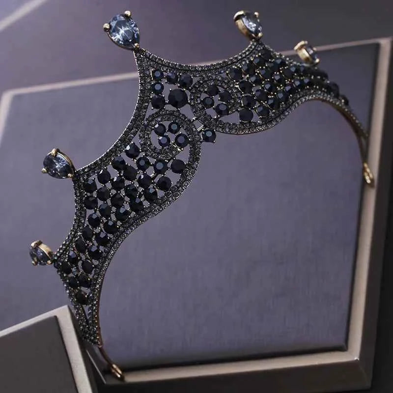 Vintage Black Crystal Beads Bridal Tiaras Crown Rhinestone Diadem Pageant Baroque Crowns Bride Hairband Wedding Hair Accessories