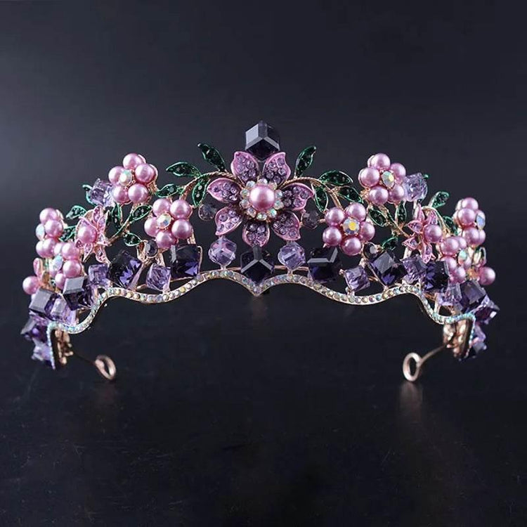 Luxury Baroque Purple Crystal Pearl Bridal Crown Tiara Magnificent Rhinestone Diadem for Bride Headband Wedding Hair Accessories - GiFTiFY