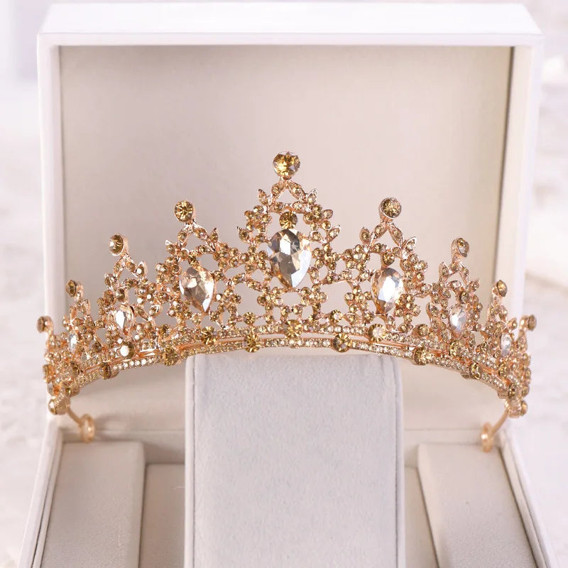 Baroque Gold Color Champagne Crystal Heart Bridal Tiara Crown Rhinestone Pageant Diadem Veil Tiara Headband Wedding Hair Jewelry GiFTiFY