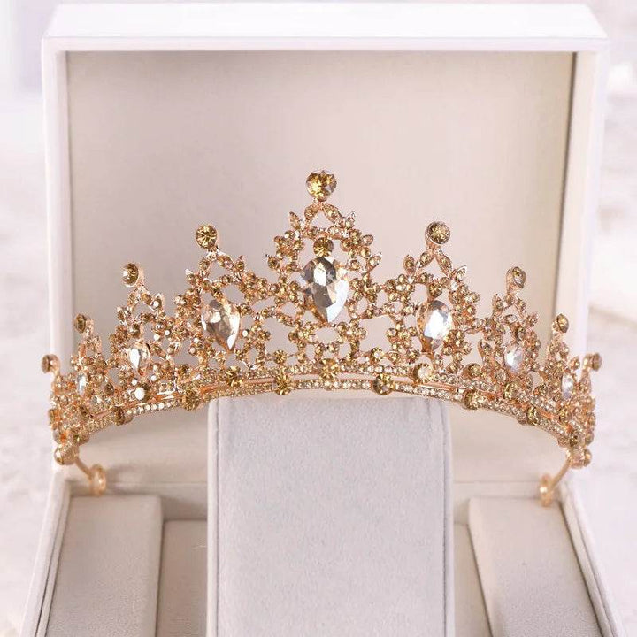 Baroque Gold Color Champagne Crystal Heart Bridal Tiara Crown Rhinestone Pageant Diadem Veil Tiara Headband Wedding Hair Jewelry - GiFTiFY