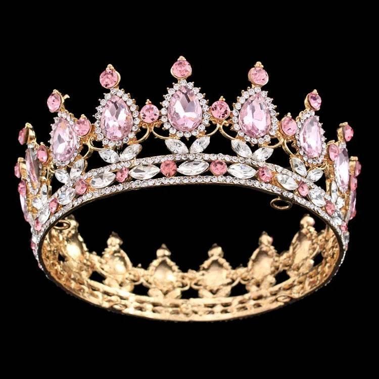 Luxury Retro Gold Color Pink Crystal Round Bridal Crown Classic Baroque Rhinestone Diadem Tiaras Women Wedding Hair Accessories Tiaras by DSERS