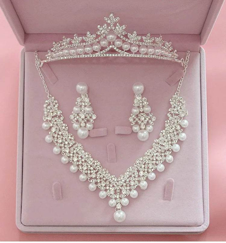Magnificent Pearl Wedding Bridal Jewelry Sets Women Bride Wedding Party Jewelry Accessories Crystal Tiara Crown Earring Necklace - GiFTiFY