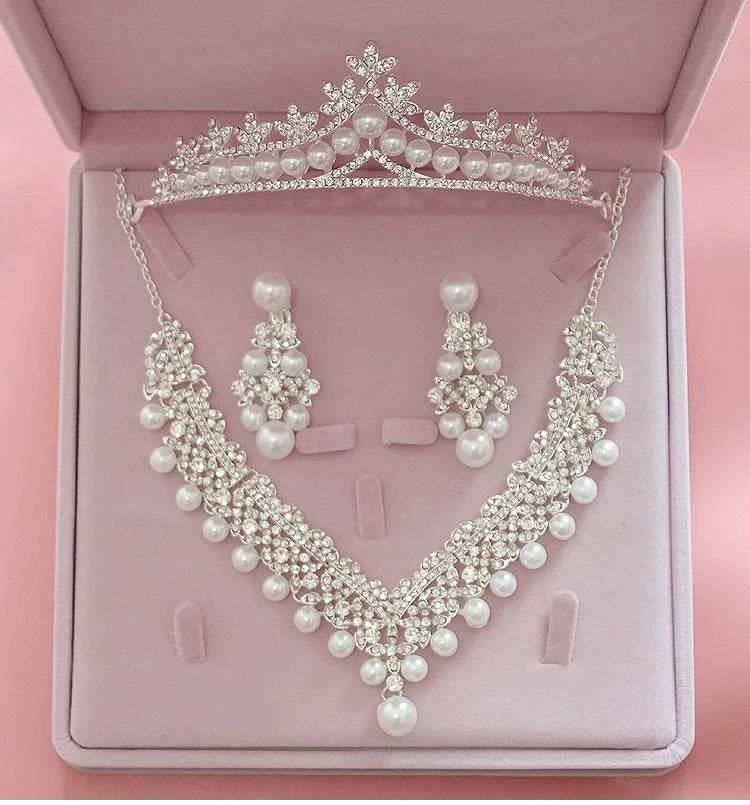 Magnificent Pearl Wedding Bridal Jewelry Sets Women Bride Wedding Party Jewelry Accessories Crystal Tiara Crown Earring Necklace - GiFTiFY