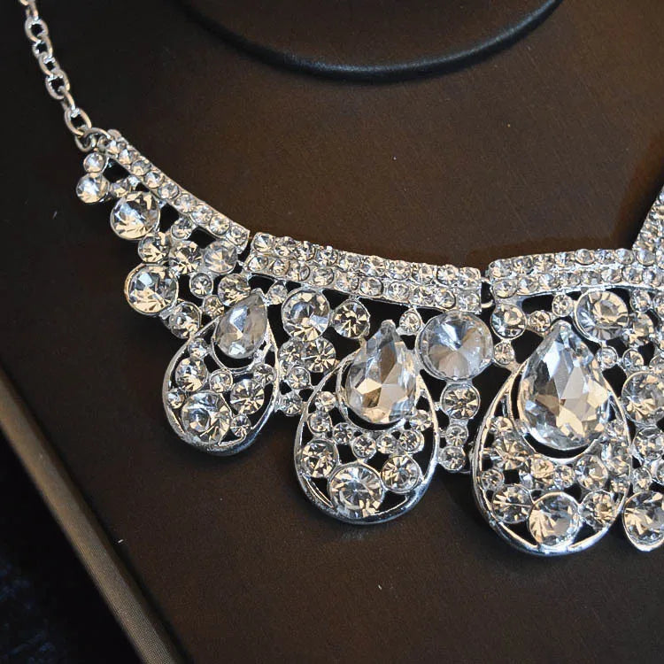 Luxury Big Rhinestone Bridal Jewelry Sets Silver Plated Crystal Crown Tiaras Choker Necklace Earrings Sets Wedding Accessories GiFTiFY