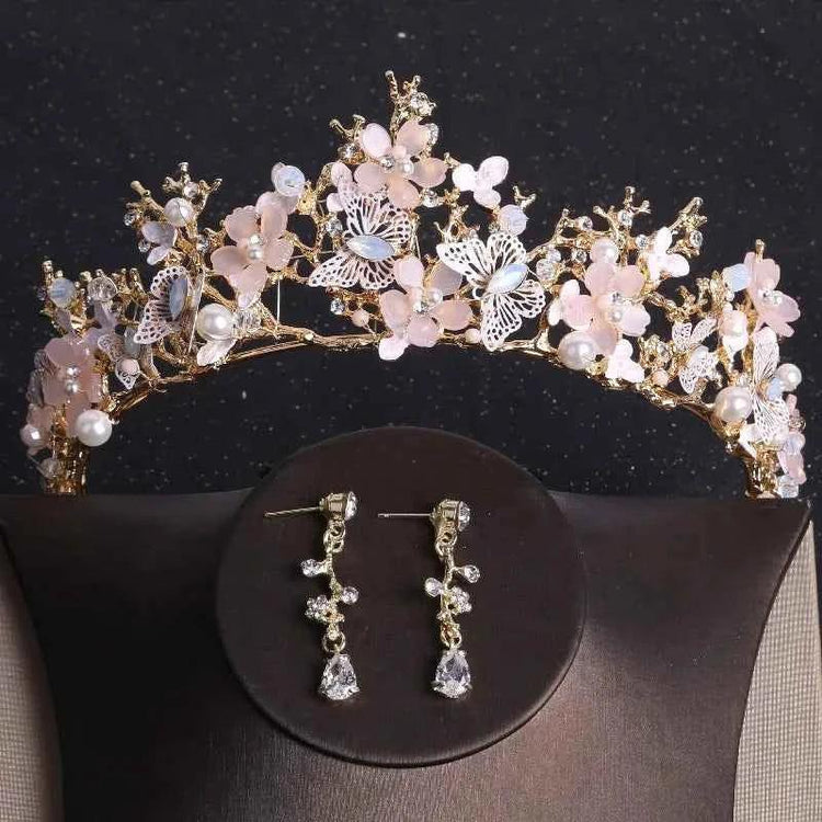 Baroque Gold Color Butterfly Crystal Costume Jewelry Sets Rhinestone Choker Necklace Earrings Tiaras Crown Wedding Jewelry Set by George Black